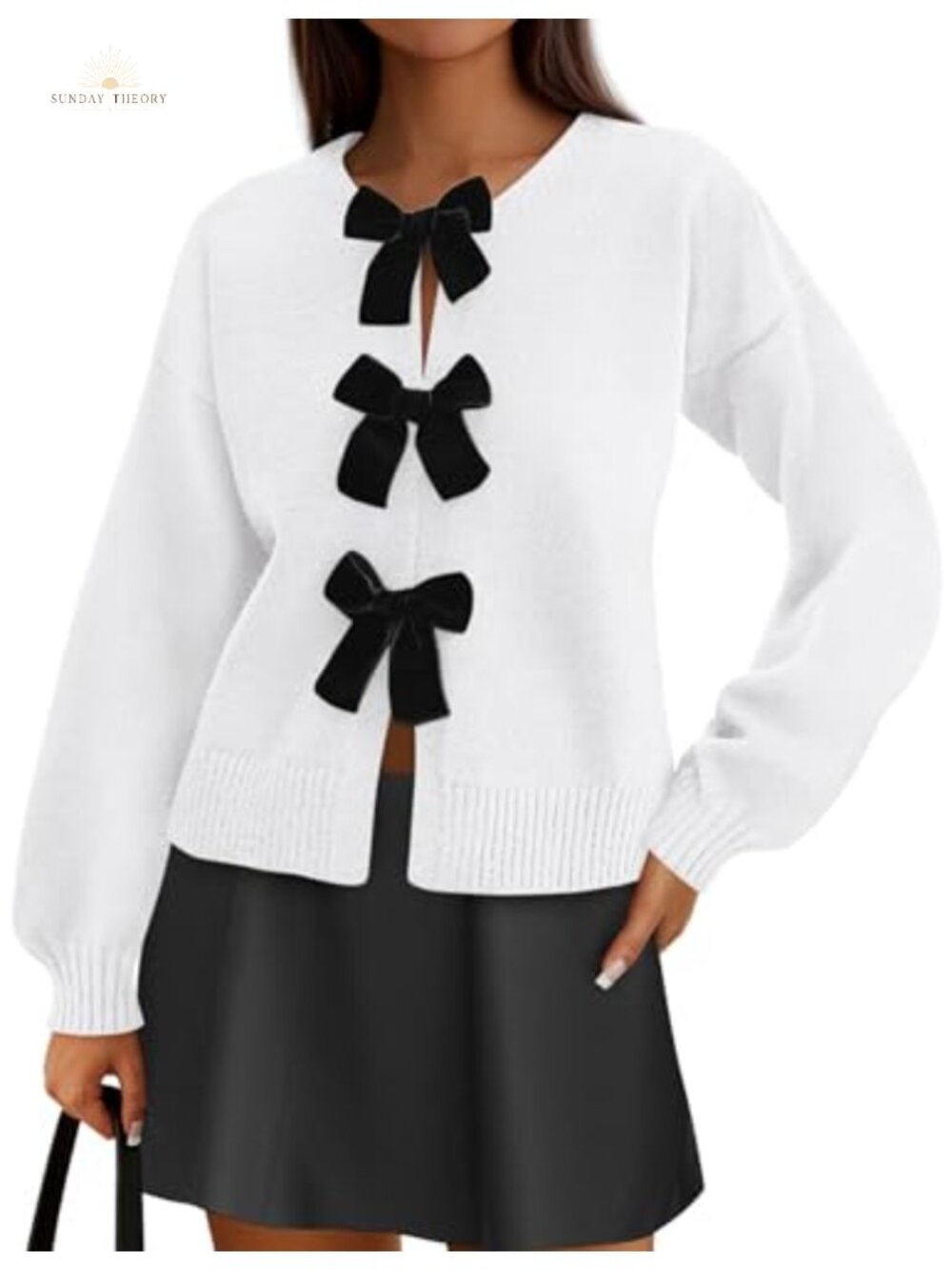 Bow Tie Front Cardigan Long Sleeve Crew Neck Loose Fit Knit Sweater